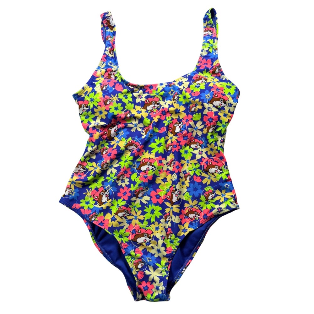 Buc-ees Womens Floral Tropical Beaver Print One Piece Swimsuit Blue Pink XS